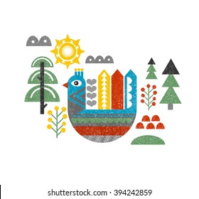 Cute print with bird in the forest. Vintage vector illustration in scandinavian style.