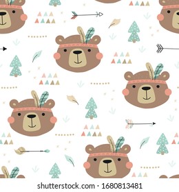 Cute print Boho style. Seamless pattern with cute little bear. vector illustration. Vector print with bear