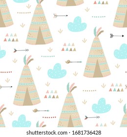 Impresión de estilo Boho. Patrón sin inconvenientes con un wigwam lindo. ilustración vectorial. Impresión de vectores con wigwam