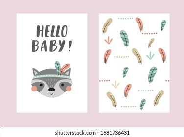 Cute print Boho style. Seamless pattern with cute little animals. vector illustration. Vector print with animals. Baby Shower card design