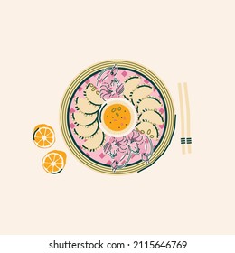 Cute print, card, illustration with traditional Asian food. Dumplings and shrimps. Vector graphics in cartoon style