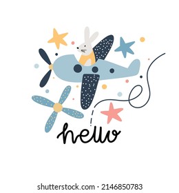 A cute print with a cartoon airplane and a bunny pilot surrounded by stars and dots with the inscription hello on an isolated white background. Childish print for children's clothing, poster, postcard