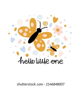 Cute print with cartoon butterflies surrounded by stars, hearts and dots with the inscription hello baby on an isolated white background. Childish print for children's clothing, poster, postcard.