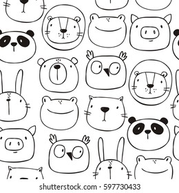 Cute print with cat, lion, bear, pig, frog, panda, hare, owl. Hand drawn print. Seamless Pattern