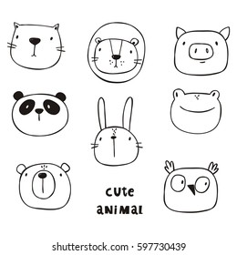 Cute print with cat, lion, bear, pig, frog, panda, hare, owl. Hand drawn print. 