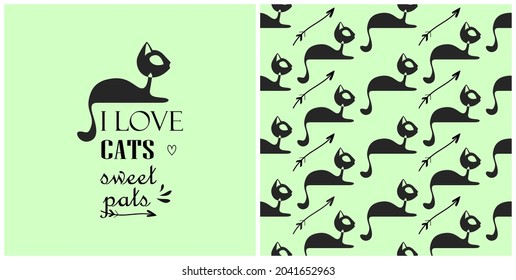 Cute print for children's clothing. Seamless cartoon cat design pattern on a green background. Hand drawing vector illustration with an inscription. I love cats, sweet pets. Graphic cat for printing. 