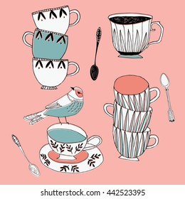 Cute Print Design with Cups and Bird