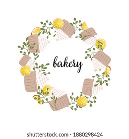 
cute print for the design of kitchen items and recipe menus with lemons and cakes. logo for bakeries and cafes