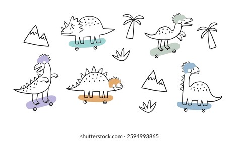 Cute print  with dinos and skateboard. Kids design with cartoon dinosaurs in doodle style. Vector illustration for printing