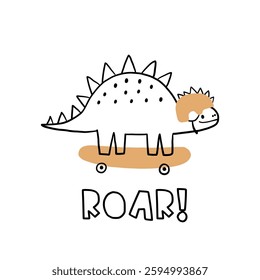 Cute print  with dinos and skateboard. Kids design with cartoon dinosaurs in doodle style. Vector illustration for printing
