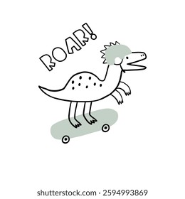Cute print  with dinos and skateboard. Kids design with cartoon dinosaurs in doodle style. Vector illustration for printing