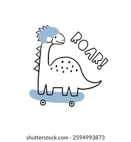 Cute print  with dinos and skateboard. Kids design with cartoon dinosaurs in doodle style. Vector illustration for printing