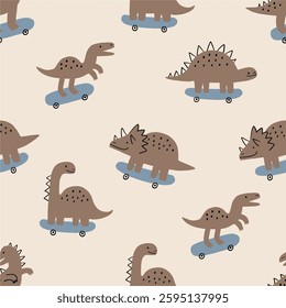 Cute print  with dinos and skateboard. Kids design with cartoon dinosaurs in doodle style. Vector seamless pattern for kids