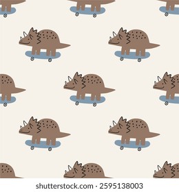 Cute print  with dinos and skateboard. Kids design with cartoon dinosaurs in doodle style. Vector seamless pattern for kids