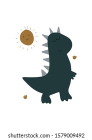 Cute print with Dinosaur. Baby boy scandinavian style poster. Nursery design. Invitation card, apparel, book cover. Vector illustration