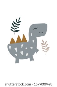 Cute print with Dinosaur. Baby boy scandinavian style poster. Nursery design. Invitation card, apparel, book cover. Vector illustration