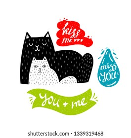 Cute print with doodle animals and colorful banners with message. Vector illustration of mother cat and baby kitten in modern scandinavian style. Best for art posters in children rooms.