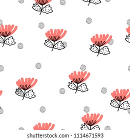 Cute print with dot in scandinavian style. Childish seamless pattern - poppies and dots. Vector floral background. Scandinavian style.