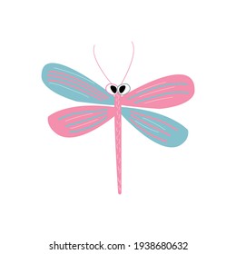 Cute print of funny dragonfly. Vector illustration isolated on white background. 