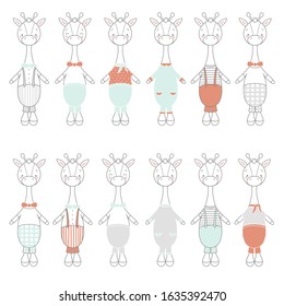 Cute print with giraffes in fun different costumes. Giraffe in pants, shirts, overalls on a white background. Suitable for children s prints, postcards, fabrics, gift packaging.