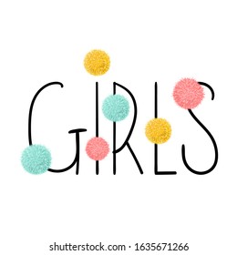 Cute print for girls with pompons. Trendy kids graphic. Vector hand drawn illustration.