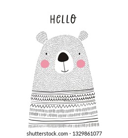 Cute print with hand drawn bear in cardigan. Modern style poster for home decor. Print for pillows, baby rug or blanket.