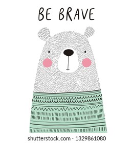 Cute print with hand drawn bear in cardigan. Modern style poster for home decor. Print for pillows, baby rug or blanket.