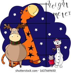 Cute print for a height meter with animals: giraffe, bear, deer, mouse, cartoon hand drawn vector illustration. Can be used for t-shirt print, kids wear fashion design, baby shower invitation card