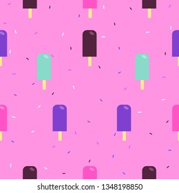 Cute print with ice cream Vector illustration Seamless pattern with multi colored popsicle and icing on a pink background
