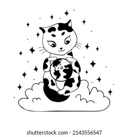 Cute print. The kitten is playing with the planet earth. The planet smiles at the kitten. Cartoon style. Monochrome vector illustration isolated on white background. 