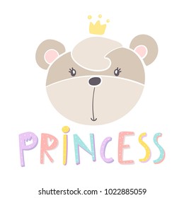 Cute print with little bear princess and inscription with bright letters. Baby girl shower element, t shirt design