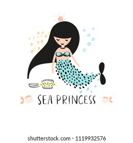 cute print with little mermaid and inscription sea princess. good for kids t-shirt, badge, postcard, etc