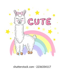 Cute print llama alpaca with rainbow and lettering. Vector illustration.