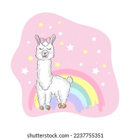 Cute print llama alpaca with rainbow and lettering. Vector illustration.