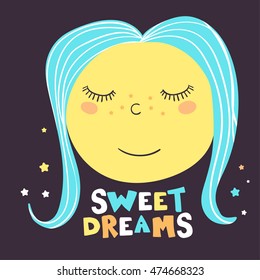 Cute Print of Moon Face and Inscription Sweet Dreams