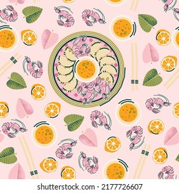 Cute print, seamless pattern, background  with traditional Asian food. Dumplings and shrimps. Vector graphics in cartoon style