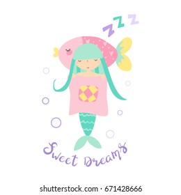 cute print of sleeping mermaid and inscription sweet dreams
