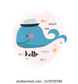 Cute print with a smiling whale in a hat with small fishes and text - hello for kids. Vector illustration.