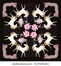 Cute print for square shawl with mythical unicorns and girl - elf with big pink cosmos flower on black background. Fashionable vector illustration. Beautiful collection.