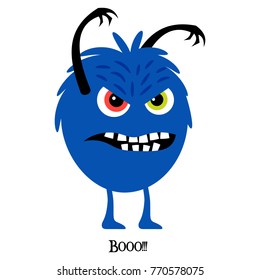 Cute print for t-shirt design with funny monster and text booo. Vector illustration