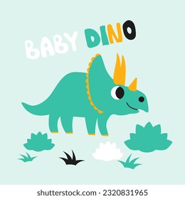 Cute baby dino children doodle print, vector illustration. Good for T-shirt print, poster, card.