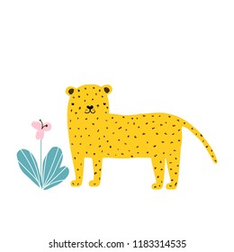 Cute print and wild big jungle cat   tropical flower  Kids fashion graphic  Vector hand drawn illustration 