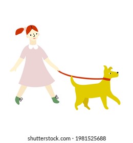 Cute print witn girl walking the dog in hand-drawn style. Childish print for nursery,  apparel, poster, postcard and child's room, t-shirt and ect.
