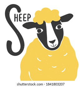 Cute printable alphabet card for play and education. Letter "S" is for Sheep. Bright sheep with yellow hair and handwritten text. Vector shabby hand drawn (not cropped under the mask) illustration