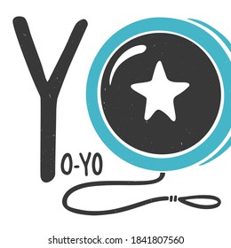 Cute printable alphabet card for play and education. Letter "Y" is for Yo-yo. Bright yo-yo with a star and handwritten text. Vector shabby hand drawn (not cropped under the mask) illustration