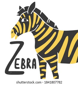 Cute printable alphabet card for play and education. Letter "Z" is for Zebra. Bright striped zebra and handwritten text. Vector shabby hand drawn (not cropped under the mask) illustration