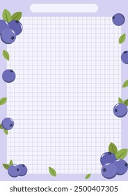 Cute Printable Blueberry Themed Grid Notes for Journaling and Education. Vector Illustration A4 Size Fruit Themed Note Paper.