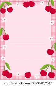 Cute Printable Cherry Themed Lined Notes for Journaling and Education. Vector Illustration A4 Size Fruit Themed Note Paper.