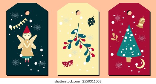 Conjunto de etiquetas de presente de Natal para impressão bonito. Ilustrações de vetor de estilo simples desenhadas à mão.