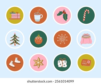 Cute printable Christmas stickers. Happy holidays elements set. Vintage collection of hand drawn doodle style vector illustrations.
